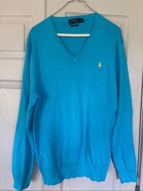 Polo by Ralph Lauren Men's V-Neck Sweater in Bright Turquoise with Yellow Pony